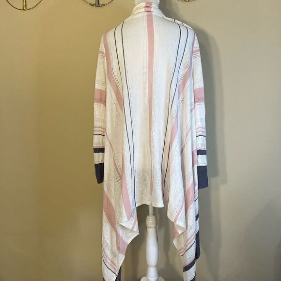 Rachel Zoe Ivory Pink Gray Striped Long Sleeve Open Front Knit Cardigan Large - Picture 3 of 12